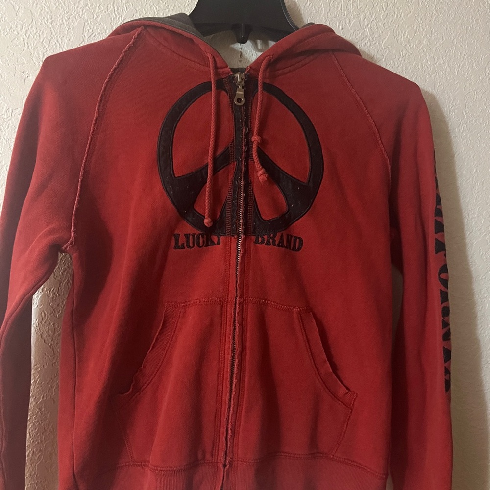 Lucky Brand Red Hoodie with Peace Symbol, Size Medium